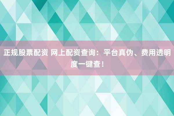 正规股票配资 网上配资查询：平台真伪、费用透明度一键查！